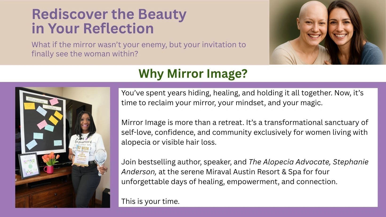 Women empowerment retreat for those with alopecia or hair loss.