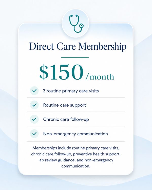 Direct Care Membership for $150/month with primary and chronic care visits.