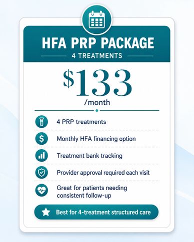 HFA PRP package for $133/month, includes 4 treatments.