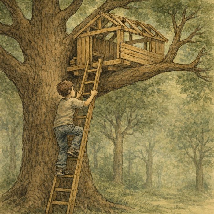 boy climbing ladder up to partially built treehouse