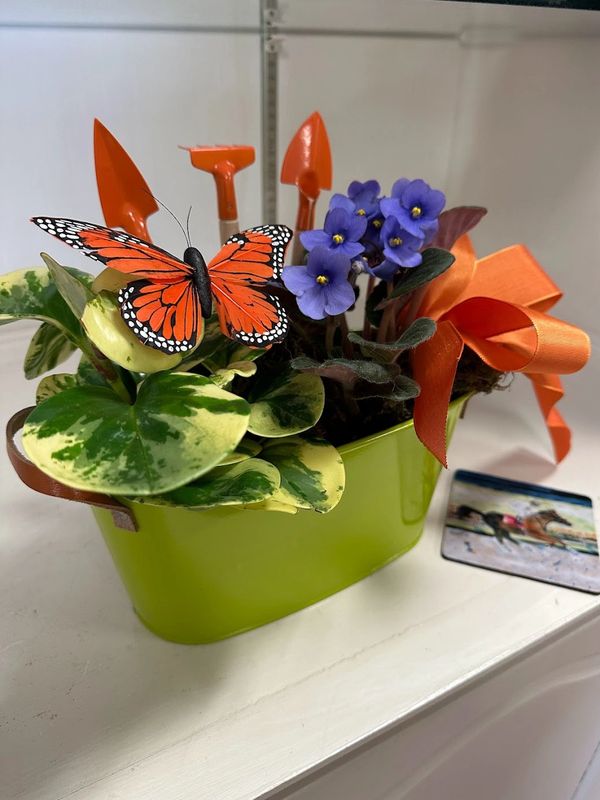 Decorative planter with green leaves, purple flowers, orange butterfly, and mini garden tools.