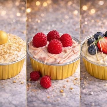 Three golden cupcake liners with creamy desserts topped with raspberries and mixed berries.