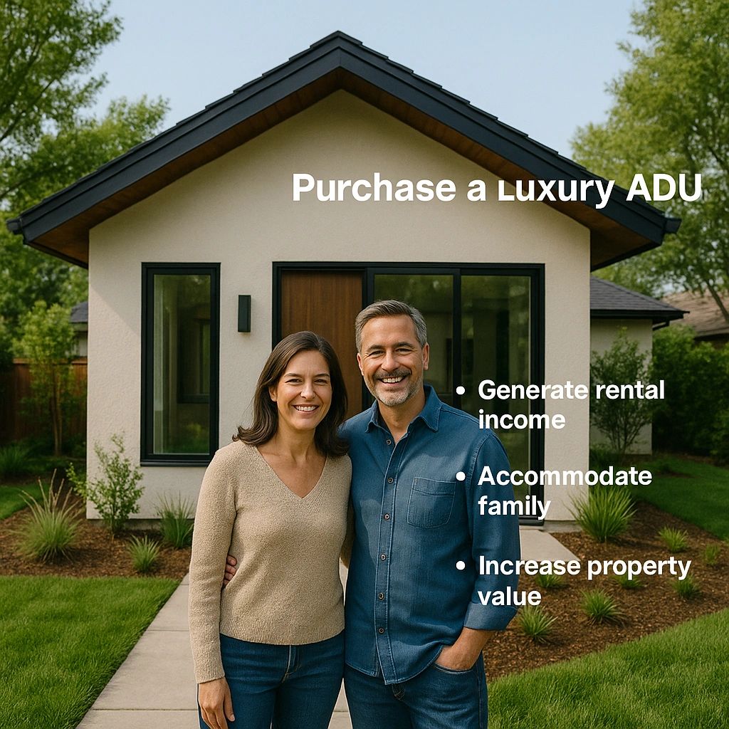 Couple standing in front of a luxury ADU promoting rental income and family accommodation.