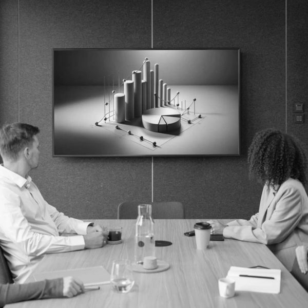 Two professionals analyze 3D bar and pie charts on a screen in a meeting room.
