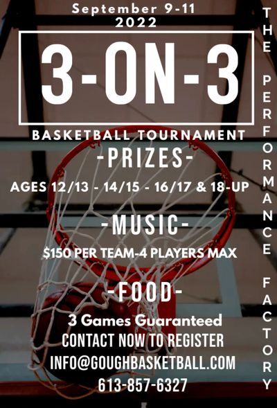 Poster for 3-on-3 basketball tournament with prizes, music, and food, Sept 9-11, 2022.