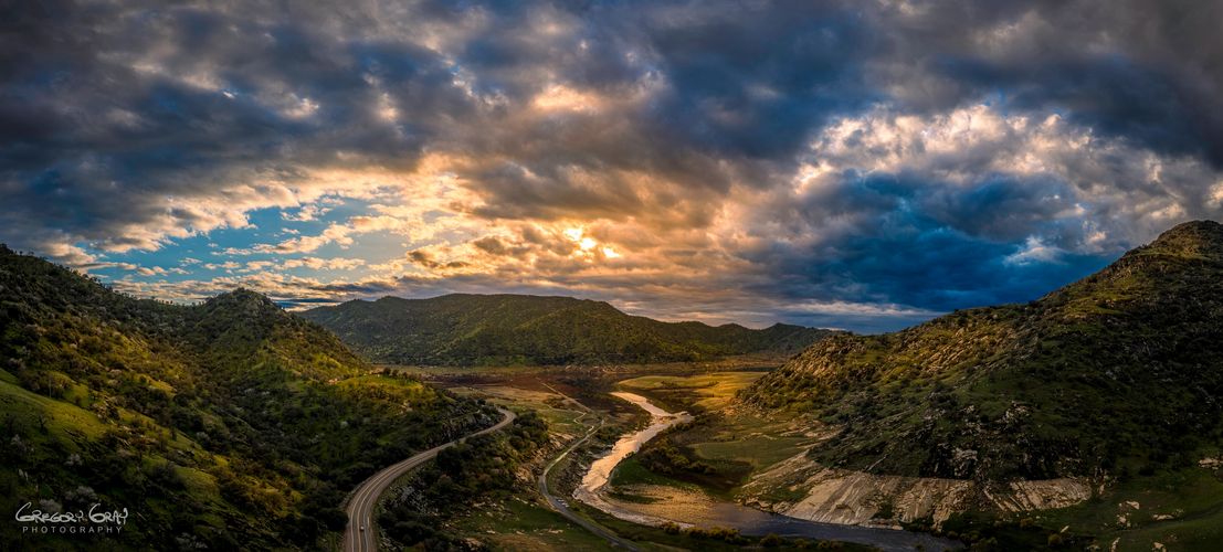 Dramatic aerial sunset photo of Lake Kaweah. Gregory Gray Photography.