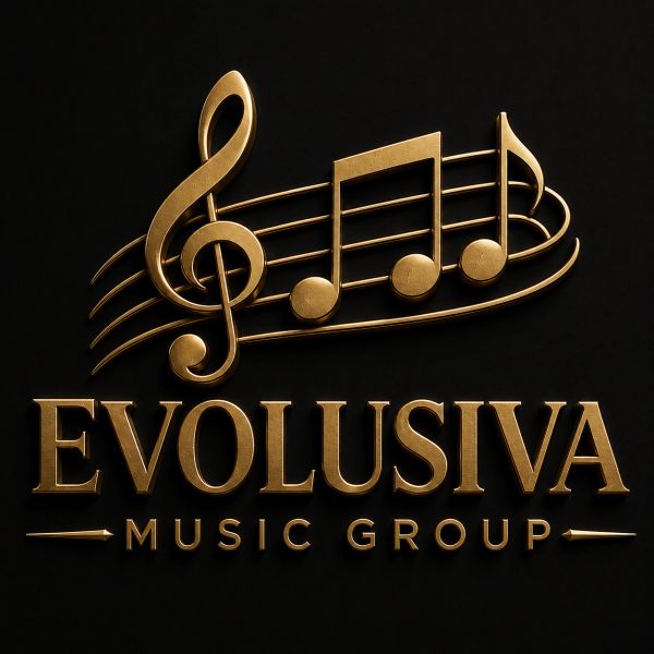 Gold EVOLUSIVA Music Group logo with musical notes on black background.