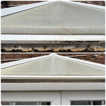 Before and after cleaning a conservatory roof showing significant dirt removal.