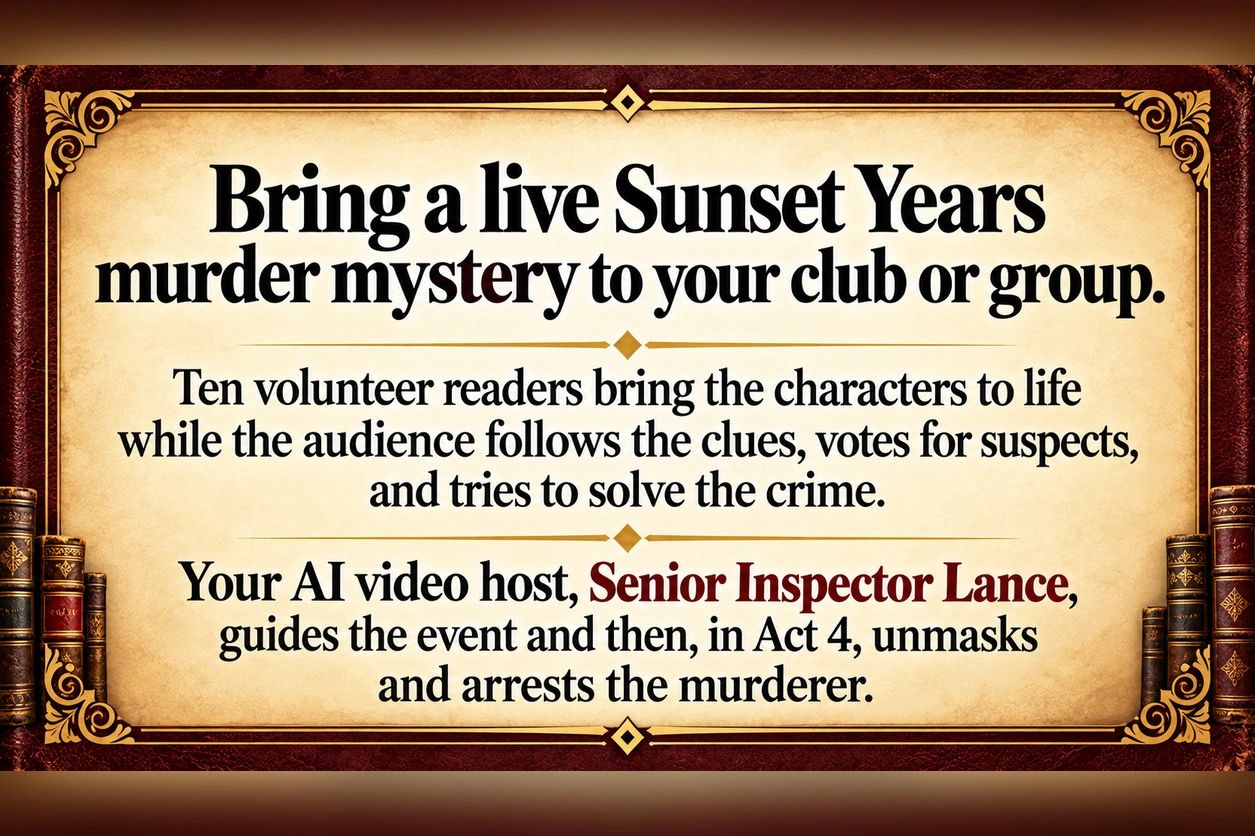 Live Sunset Years murder mystery event with AI host.