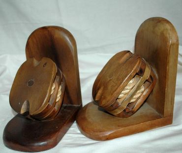 Wood Pulley Rope Bookends / old hand crafted