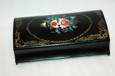 Russian Black and Flowered Tole ware toleware Trinket Box with Hinged Hatch Lid