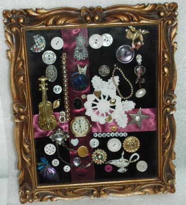 Art Collage of Framed Vintage Jewelry, Watch, Buttons and More Entitled " Promises"