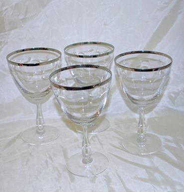 4 Wine or Cocktail Silver Rim Stemware Glasses Hand Blown and Cut Leaf Pattern