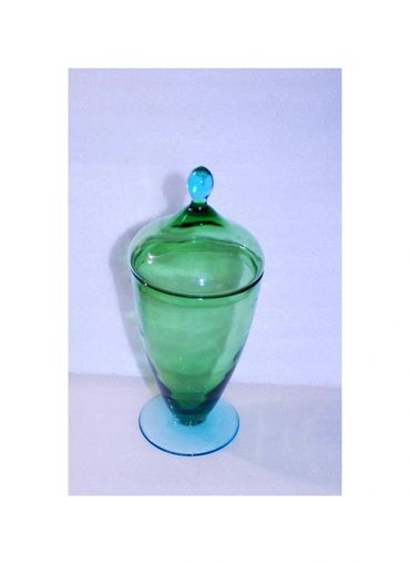 Czechoslovakian Hand Blown Glass Apothecary Footed Jar Blue Green