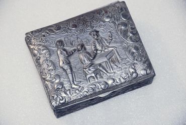 Silver plate Cigarette or Trinket Box, made in Japan with Victorian Scene