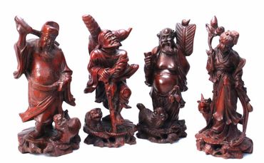 4 Hand Carved Rosewood Chinese Immortals with Foo Dogs