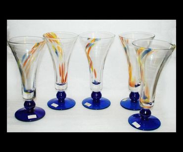 Set of Unique Tall Fluted Pilsner Beer Glasses, Hand Blown Splatter Glass From Romania x 5