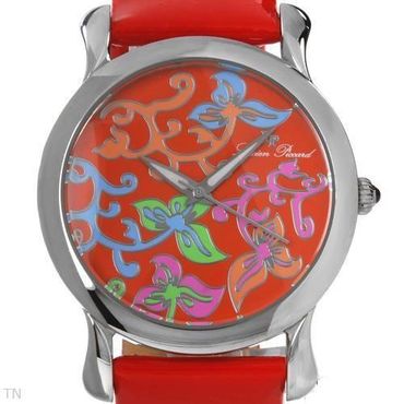 Lucien Piccard Red Leather Red Flower & Vines Watch New In Box