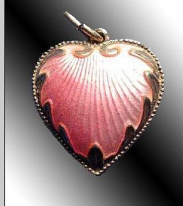 PINK GUILLOCHE ENAMEL & STERLING SILVER ANTIQUE ART NOUVEAU HEART CHARM Signed