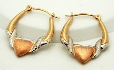 14k White, Rose Yellow Gold Heart Hoop Earrings