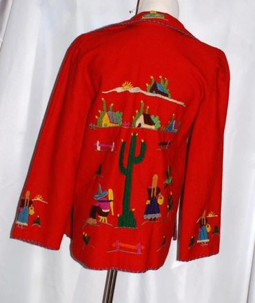 Vtg 1940s Mexican or Texas Embroidered Wool Souvenir Folk Art Wool Jacket Styled by Springer
