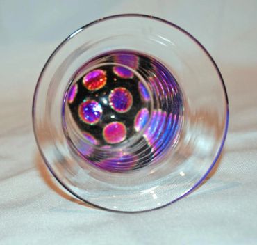 Dichoric Dots Stemless Wine Glass Hand Blown Art signed and dated by Wileyware Art Glass , Local Art