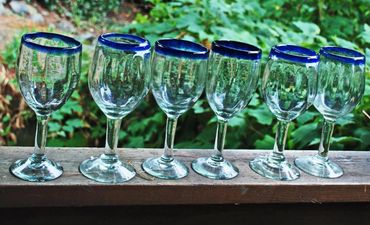Mexican Blown Glass Blue Rim Optic Glass Stemware, Water, Wine Drink glasses x 7