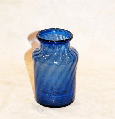 Blue Swirl Optic Glass Bottle, Jar Handcrafted Blown Glass 5"