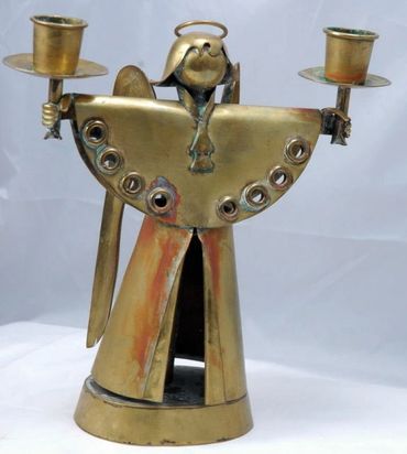 SALVADOR TERAN Hand Wrought Brass Angel Candle Holder Old Mexican Modernist Art