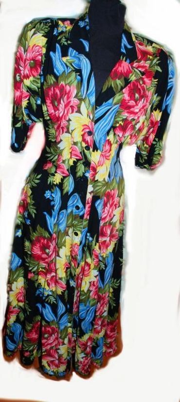 Vintage Karen Alexander Dress Big Floral Print Padded Shoulders 1940's Style sz 8 to 10
