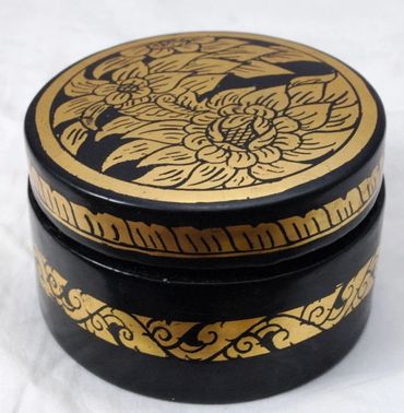 Hand Painted Gold on Black Lacquer Round Trinket Box Container