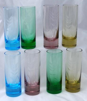Set of 8 Liquor Cordials or Shot Glasses Multi- Colored & Etched