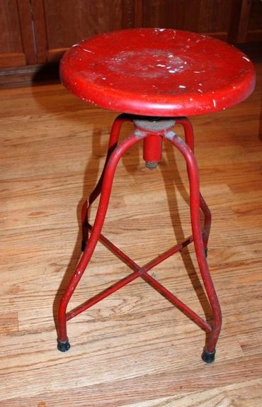 Red Metal Drafting , Machinist Stool with Acme Screw Adjustable Swivel Seat , curved legs, Antique