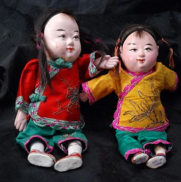 Pair of Chinese Composition Doll with Silk Clothes