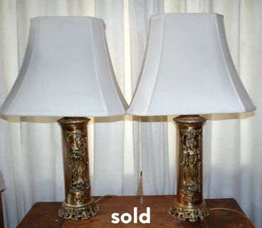 Pair Oriental Chinese Brass Lamps with Shades Mid Century Retro