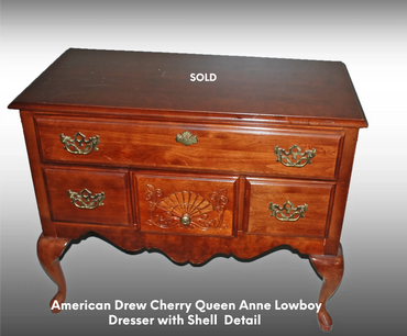 American Drew Cherry Queen Anne Lowboy Dresser with Shell Detail