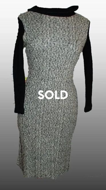 Woven Tweed Dress Black White, Gray Lined with Knit Sleeves and Collar size 11