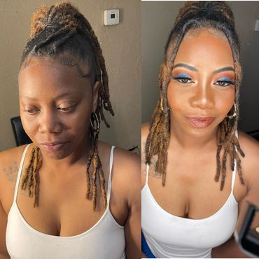 Neutral face beat with a Pop of Blue Sparkly Glitter