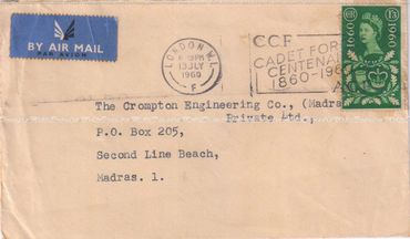 A 1960 envelope addressed to Crompton Engineering Co. Madras Pvt. Ltd. - Best & Crompton - UB Engine