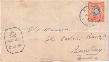 A 1943 Envelope to The Eastern Bank, Bombay, India, from the Barclays Bank Kenya