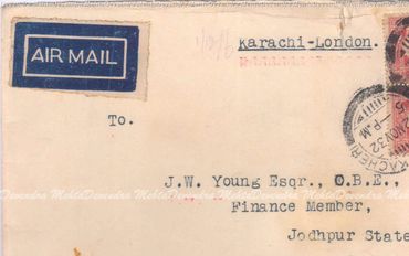 A 1932 Envelope Addressed to JW Young - Finance Member, Jodhpur