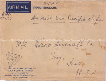 A 1941 Envelope To Waco Aircraft Company from Tata Sons