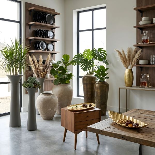 Modern living room with tall plants in stylish pots and wooden furniture.
