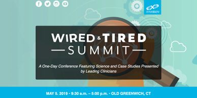Invitation to the Wired and Tired Summit. "Wired and Tired" with a  magnifying glass behind it.