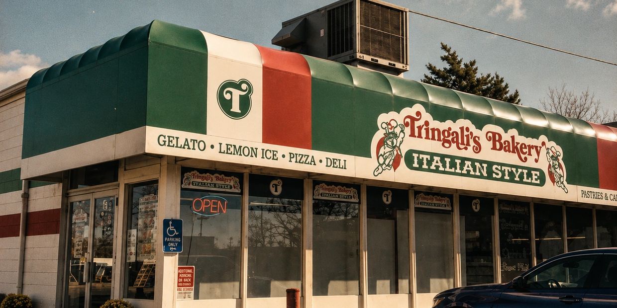 Tringali's Bakery with Italian-themed awning offering gelato, pizza, and deli items.