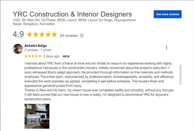 Customer review praising YRC Construction's professionalism and timely completion.