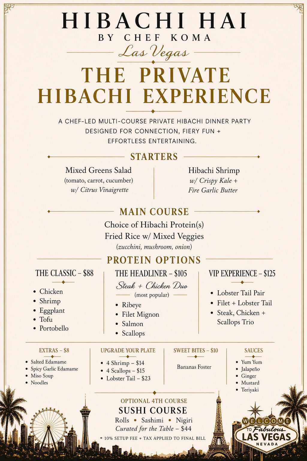 Menu for a private hibachi dining experience by Chef Koma in Las Vegas.