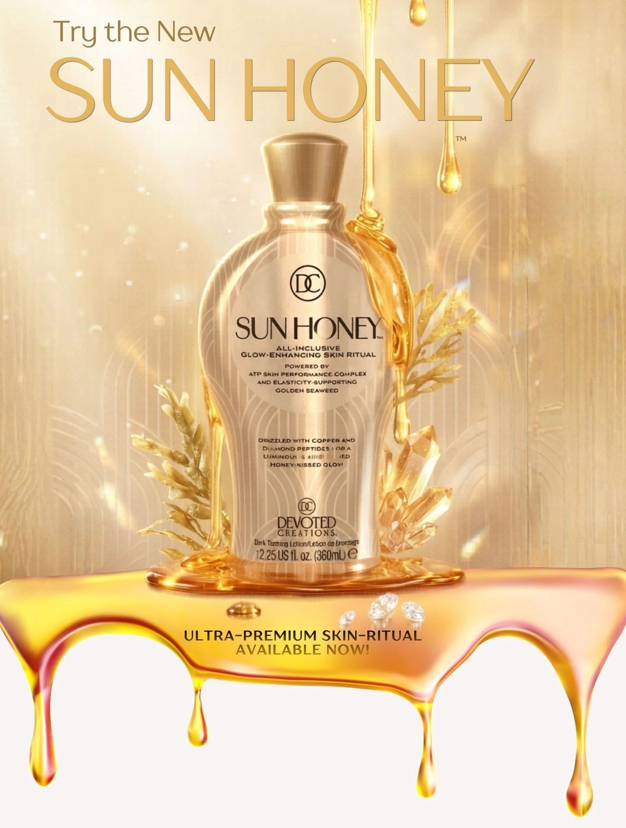 Sun Honey skincare with glowing honey drips and golden accents.