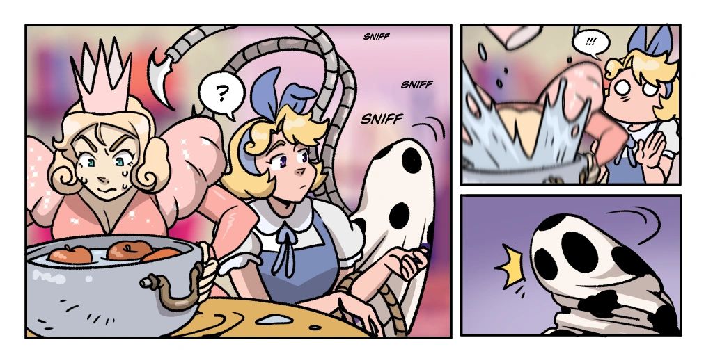 A queen and servant with a ghost sniffing food, shocked by a reaction.