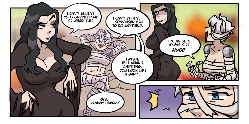 Two characters talk about convincing to wear a costume and mentioning looks.